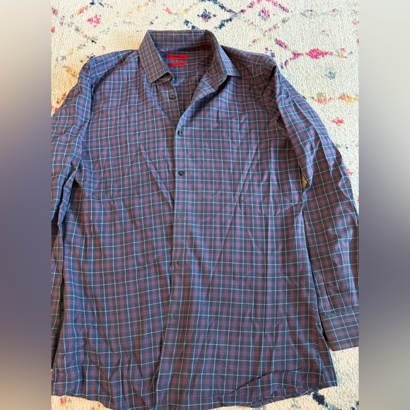 Hugo Boss Blue and Red Checkered Slim Fit Button Down Shirt Collar Size 15 - Picture 2 of 4